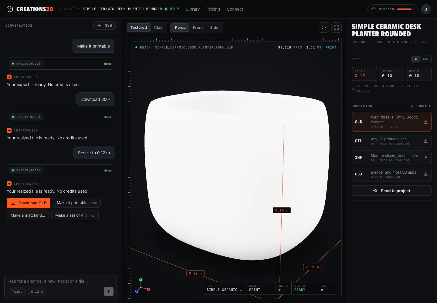 A desk planter model on the Creations3D website, with GLB, STL, 3MF and OBJ downloads and its size in metres